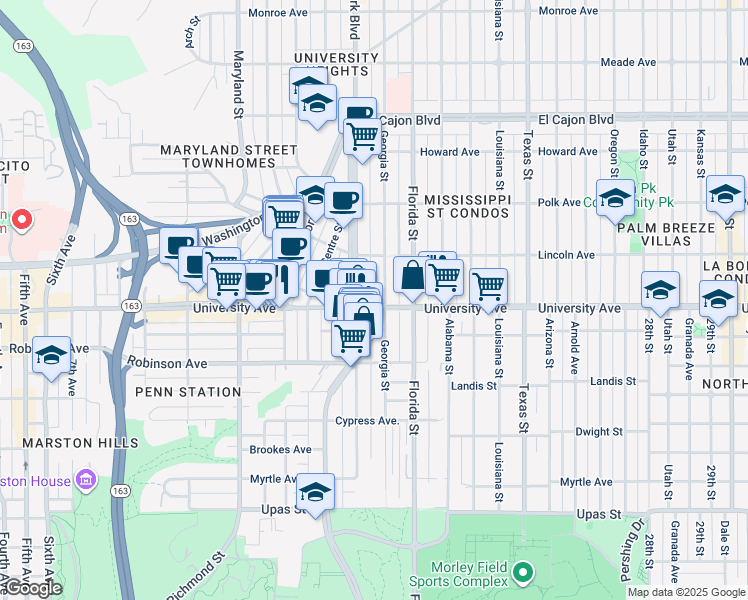 map of restaurants, bars, coffee shops, grocery stores, and more near 1820 University Avenue in San Diego