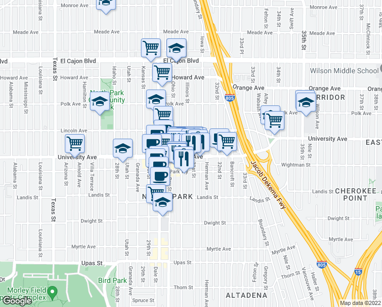 map of restaurants, bars, coffee shops, grocery stores, and more near 3104 University Avenue in San Diego