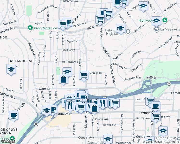 map of restaurants, bars, coffee shops, grocery stores, and more near 3880 Bass Street in La Mesa
