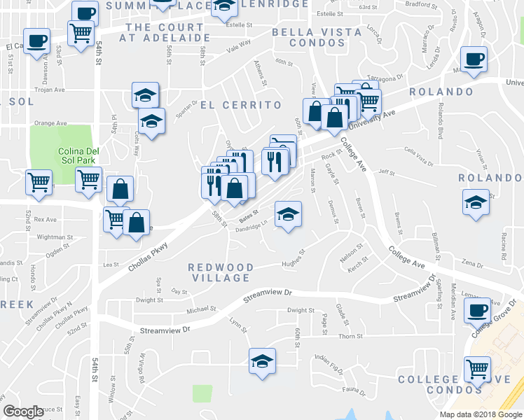 map of restaurants, bars, coffee shops, grocery stores, and more near 5985 Dandridge Lane in San Diego