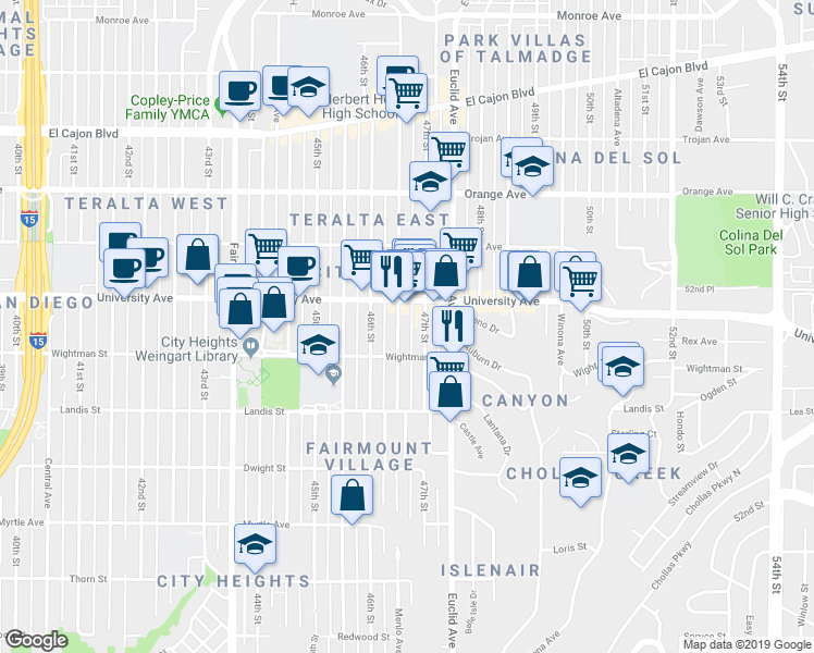 map of restaurants, bars, coffee shops, grocery stores, and more near 3814 Menlo Avenue in San Diego