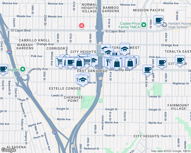 map of restaurants, bars, coffee shops, grocery stores, and more near 3812 40th Street in San Diego