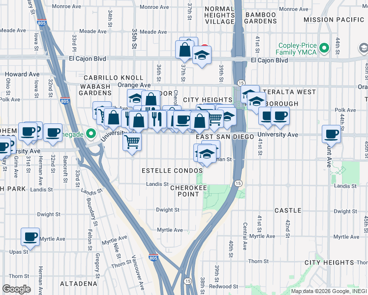 map of restaurants, bars, coffee shops, grocery stores, and more near 3662 Wightman Street in San Diego