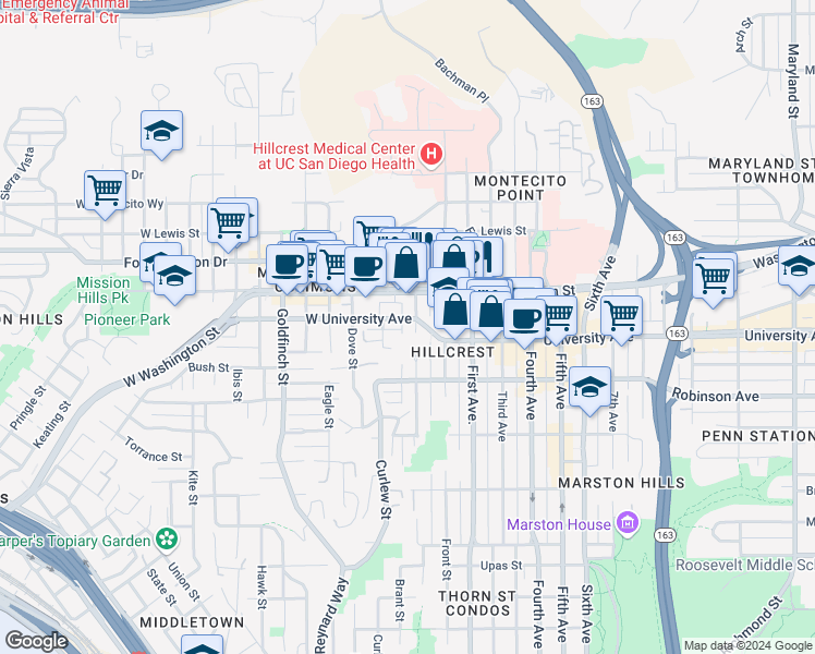 map of restaurants, bars, coffee shops, grocery stores, and more near 3844 Albatross Street in San Diego