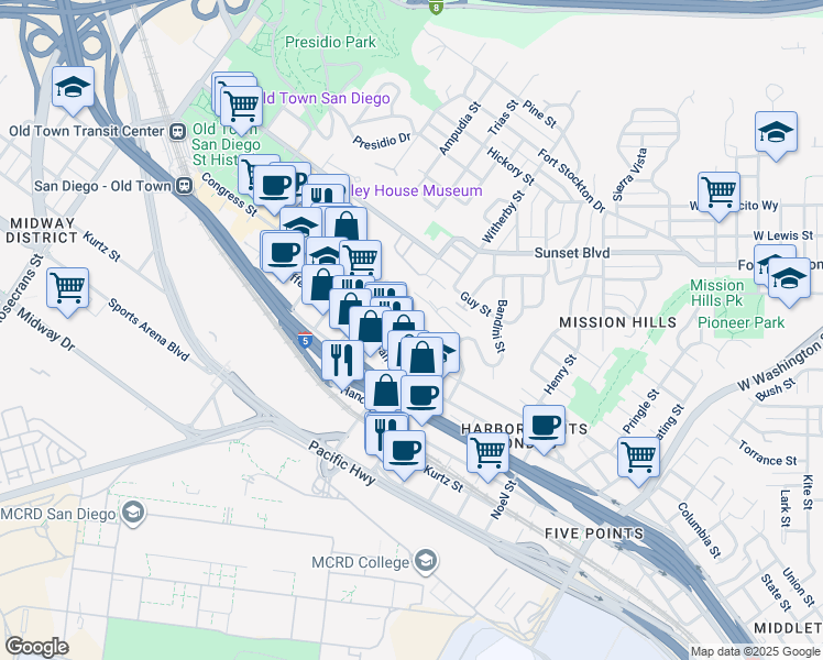 map of restaurants, bars, coffee shops, grocery stores, and more near 3906 West California Street in San Diego