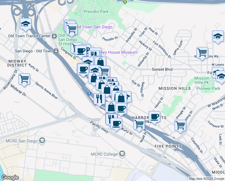 map of restaurants, bars, coffee shops, grocery stores, and more near 3906 West California Street in San Diego