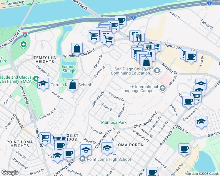 map of restaurants, bars, coffee shops, grocery stores, and more near 3726 Oleander Drive in San Diego