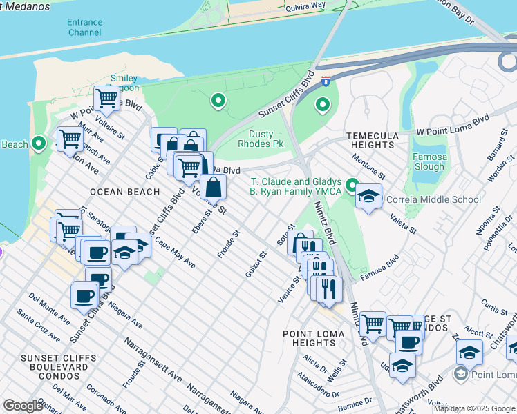 map of restaurants, bars, coffee shops, grocery stores, and more near 2242 Seaside Street in San Diego
