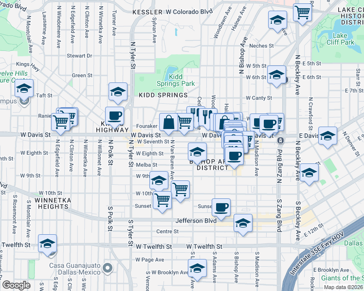 map of restaurants, bars, coffee shops, grocery stores, and more near 606 West Eighth Street in Dallas