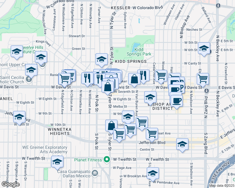 map of restaurants, bars, coffee shops, grocery stores, and more near 829 West Eighth Street in Dallas