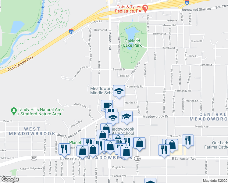 map of restaurants, bars, coffee shops, grocery stores, and more near 2001 Oakland Boulevard in Fort Worth