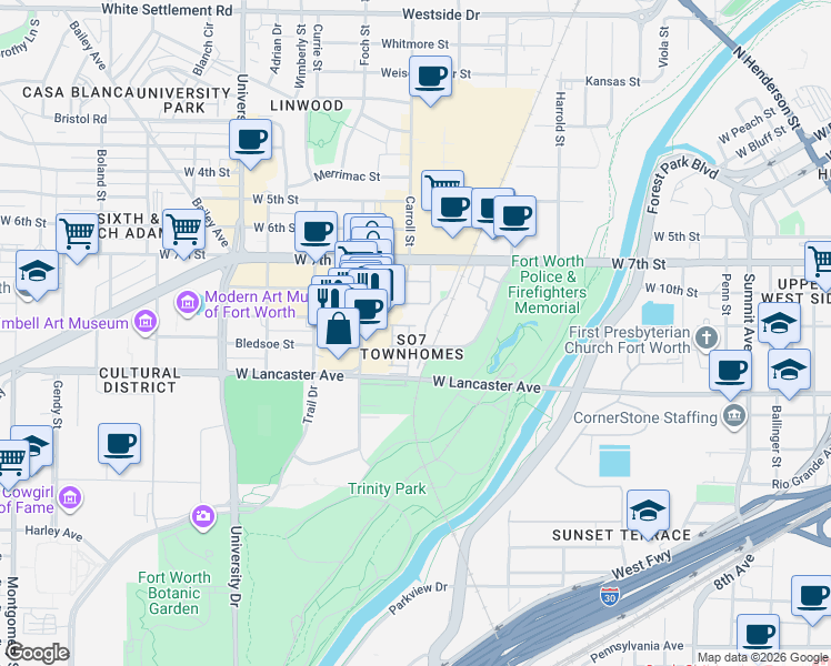 map of restaurants, bars, coffee shops, grocery stores, and more near 2617 Museum Way in Fort Worth