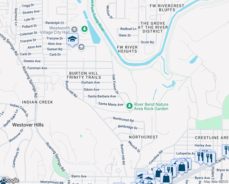 map of restaurants, bars, coffee shops, grocery stores, and more near 5405 Santa Barbara Avenue in Fort Worth