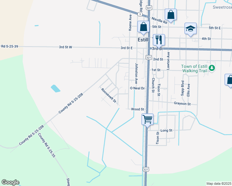 map of restaurants, bars, coffee shops, grocery stores, and more near 119 Kennedy Street in Estill