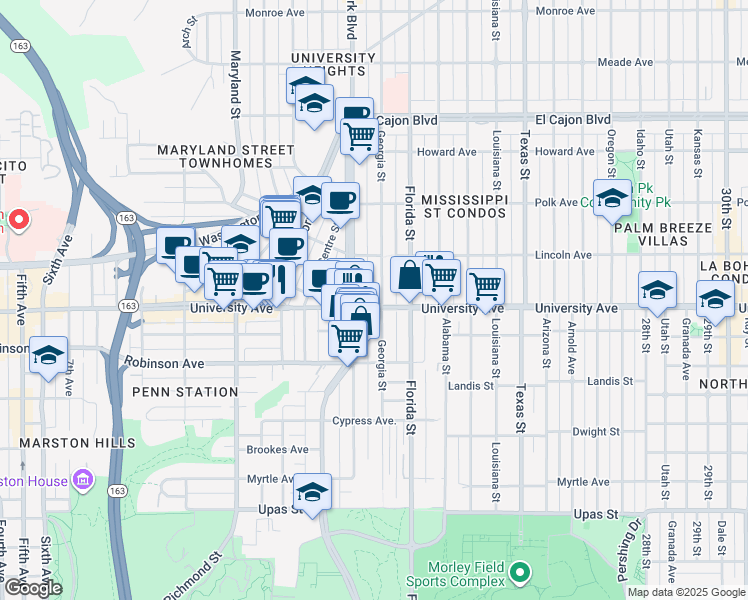 map of restaurants, bars, coffee shops, grocery stores, and more near 1820 University Avenue in San Diego