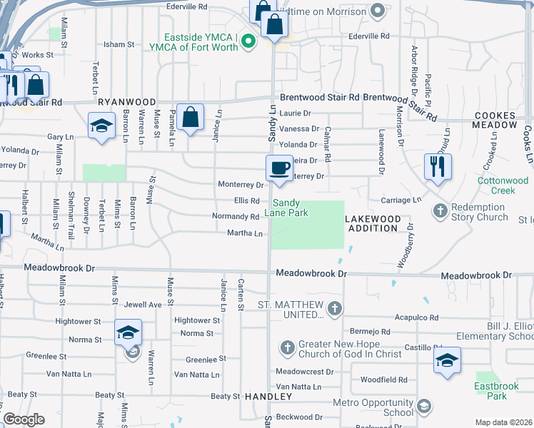 map of restaurants, bars, coffee shops, grocery stores, and more near 7341 Normandy Road in Fort Worth