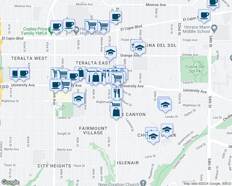 map of restaurants, bars, coffee shops, grocery stores, and more near 3852 Euclid Avenue in San Diego