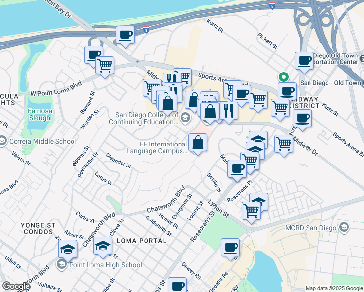 map of restaurants, bars, coffee shops, grocery stores, and more near 3477 Coastline Place in San Diego
