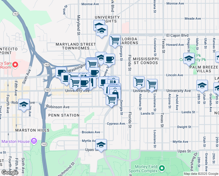 map of restaurants, bars, coffee shops, grocery stores, and more near 1751 University Avenue in San Diego