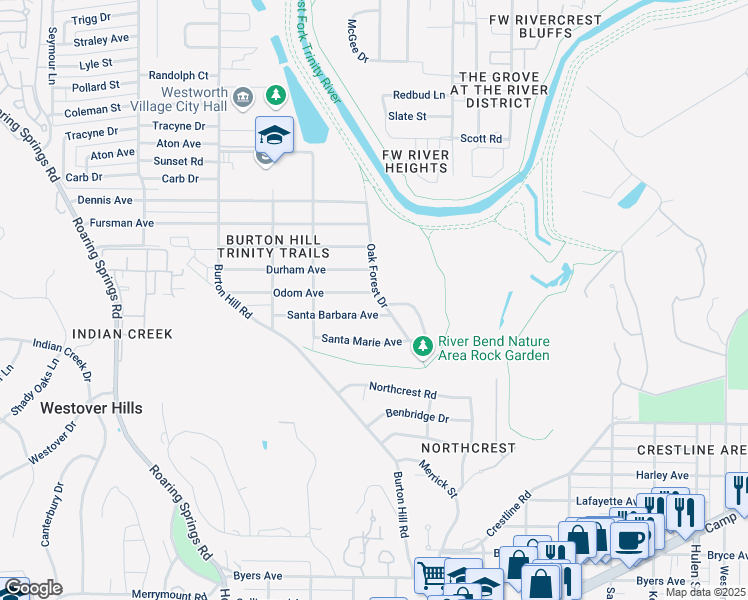 map of restaurants, bars, coffee shops, grocery stores, and more near 5405 Santa Barbara Avenue in Fort Worth