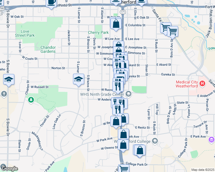 map of restaurants, bars, coffee shops, grocery stores, and more near 209 West Russell Street in Weatherford