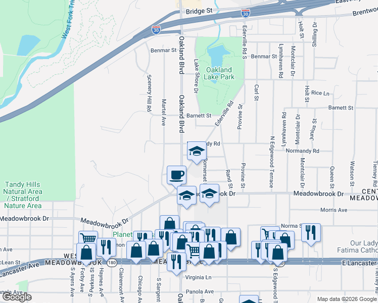 map of restaurants, bars, coffee shops, grocery stores, and more near 2001 Oakland Boulevard in Fort Worth