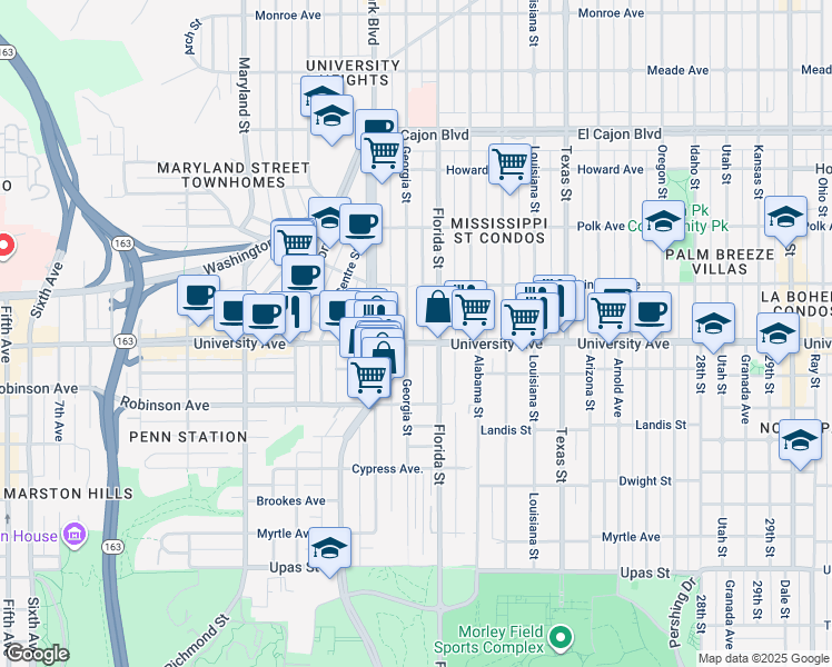 map of restaurants, bars, coffee shops, grocery stores, and more near 3907 Georgia Street in San Diego