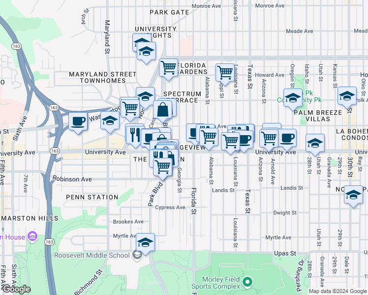 map of restaurants, bars, coffee shops, grocery stores, and more near 3880 Florida Street in San Diego