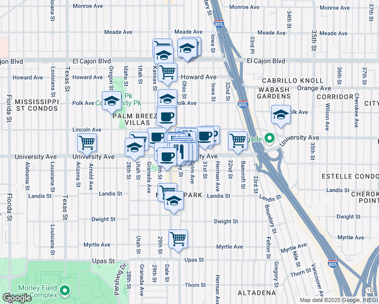 map of restaurants, bars, coffee shops, grocery stores, and more near in San Diego
