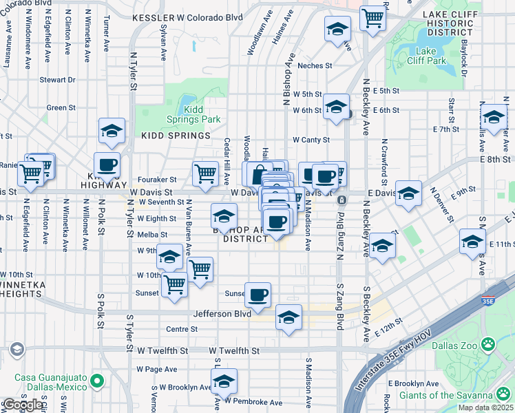 map of restaurants, bars, coffee shops, grocery stores, and more near 424 West Eighth Street in Dallas