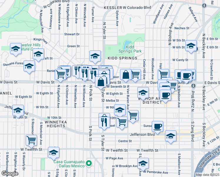 map of restaurants, bars, coffee shops, grocery stores, and more near 829 West Eighth Street in Dallas