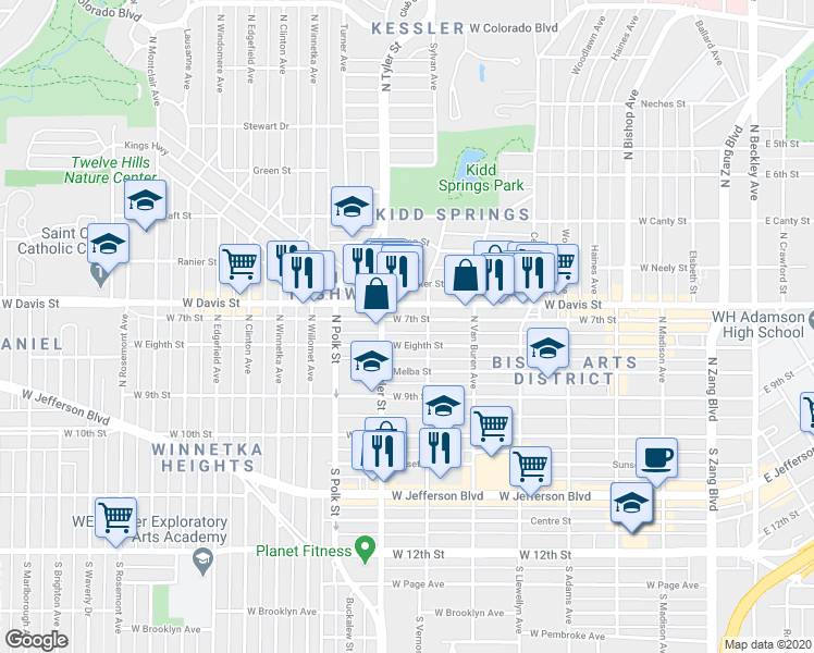 map of restaurants, bars, coffee shops, grocery stores, and more near 816 West 7th Street in Dallas