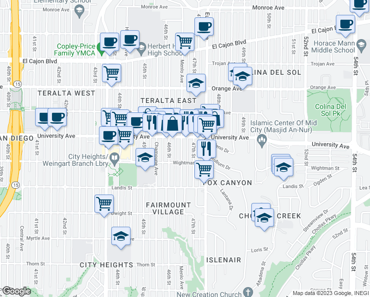 map of restaurants, bars, coffee shops, grocery stores, and more near 3855 Menlo Avenue in San Diego