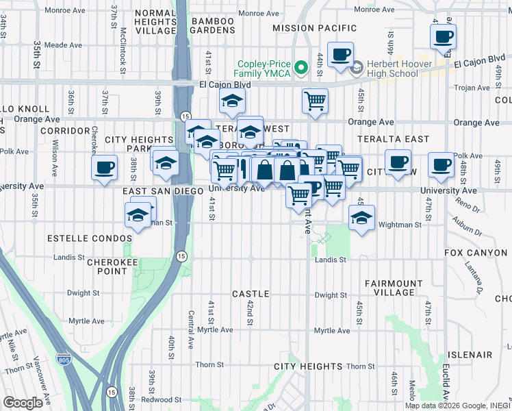 map of restaurants, bars, coffee shops, grocery stores, and more near 4241 University Avenue in San Diego