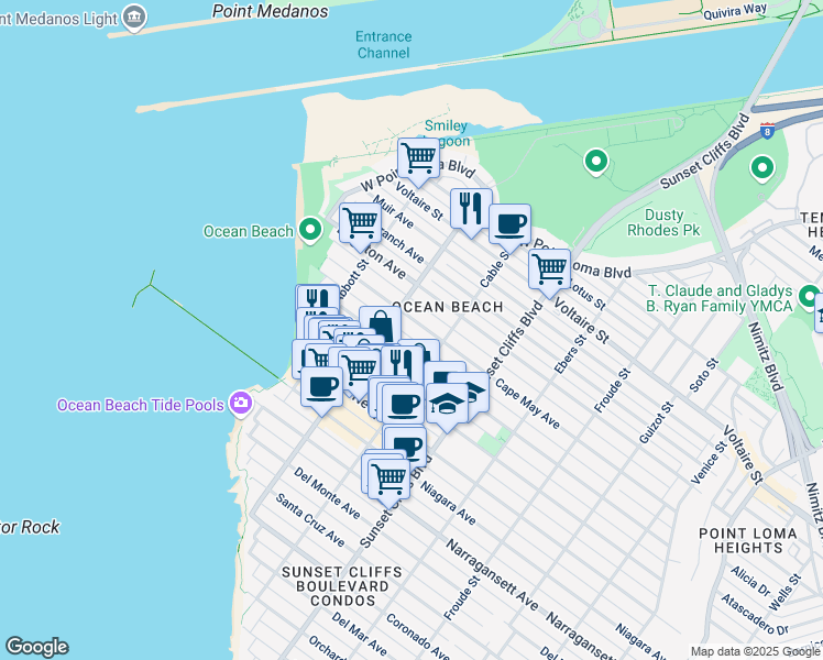 map of restaurants, bars, coffee shops, grocery stores, and more near 5004 Cape May Avenue in San Diego