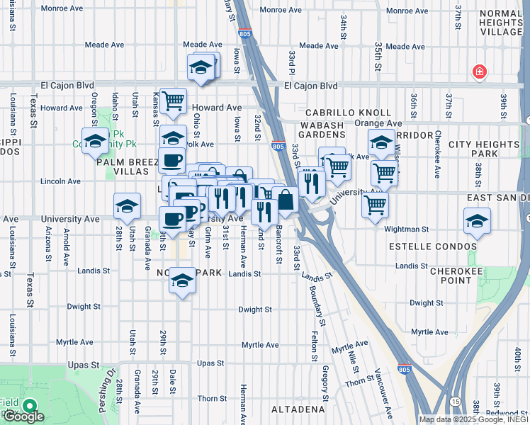 map of restaurants, bars, coffee shops, grocery stores, and more near 3954 Bancroft Street in San Diego