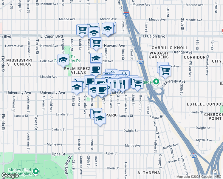 map of restaurants, bars, coffee shops, grocery stores, and more near 3955 Illinois Street in San Diego