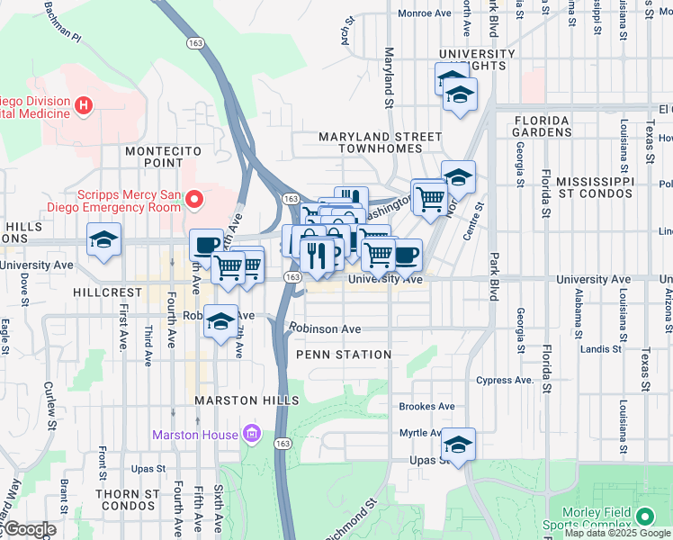 map of restaurants, bars, coffee shops, grocery stores, and more near 1030 University Avenue in San Diego