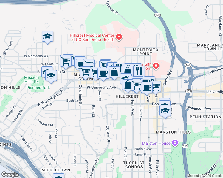map of restaurants, bars, coffee shops, grocery stores, and more near 337 West University Avenue in San Diego