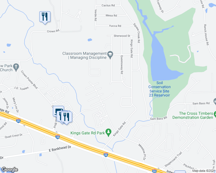 map of restaurants, bars, coffee shops, grocery stores, and more near 705 Camelot Court in Willow Park