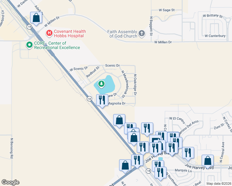 map of restaurants, bars, coffee shops, grocery stores, and more near 2200 West Lakeview Drive in Hobbs