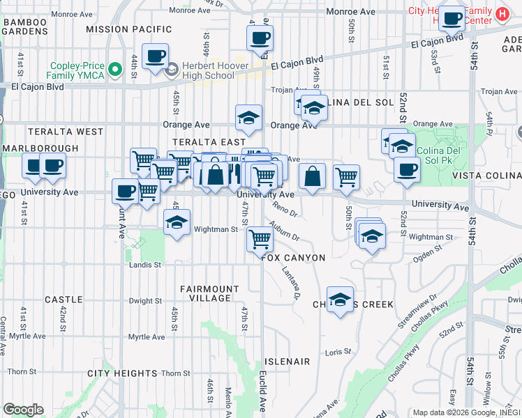 map of restaurants, bars, coffee shops, grocery stores, and more near 4711 University Avenue in San Diego