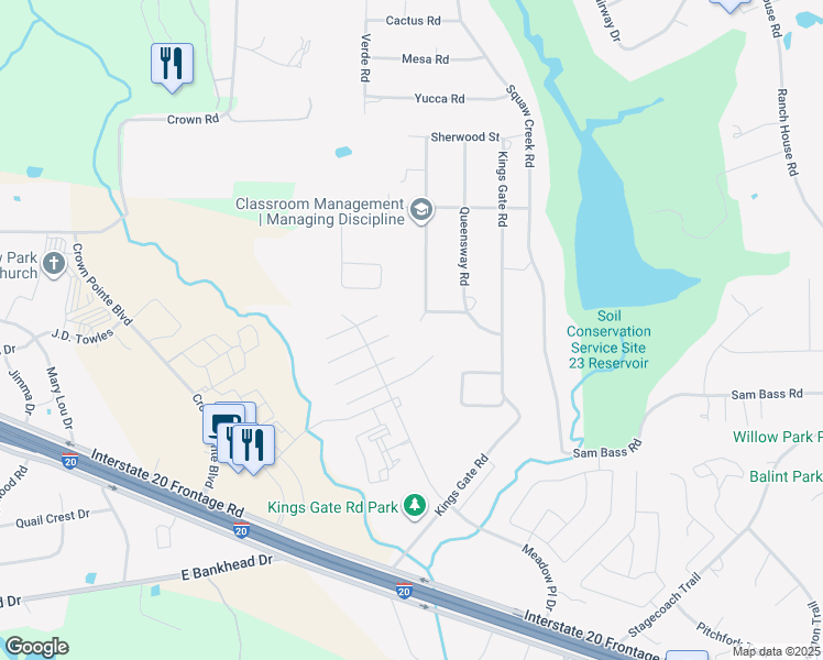 map of restaurants, bars, coffee shops, grocery stores, and more near 705 Camelot Court in Willow Park