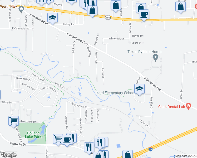 map of restaurants, bars, coffee shops, grocery stores, and more near 937 Terry Trail in Weatherford