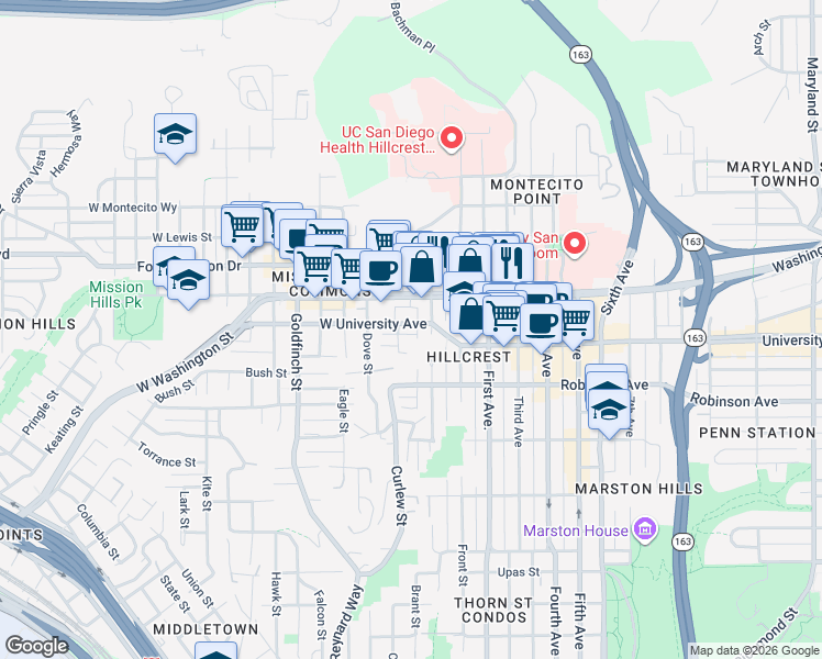 map of restaurants, bars, coffee shops, grocery stores, and more near 339 West University Avenue in San Diego