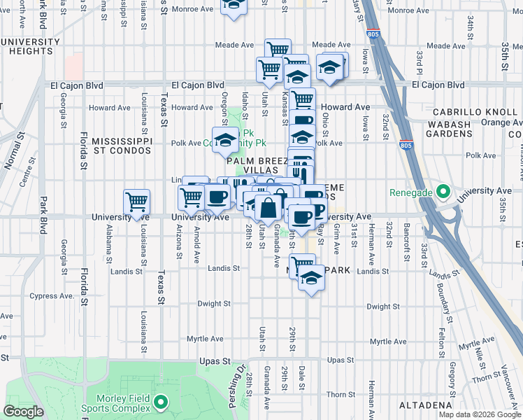 map of restaurants, bars, coffee shops, grocery stores, and more near 2828 University Avenue in San Diego