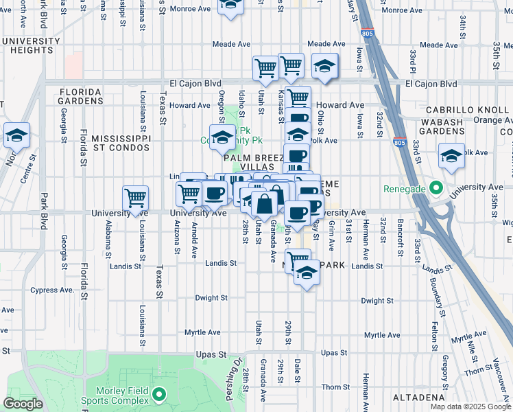 map of restaurants, bars, coffee shops, grocery stores, and more near 2828 University Avenue in San Diego