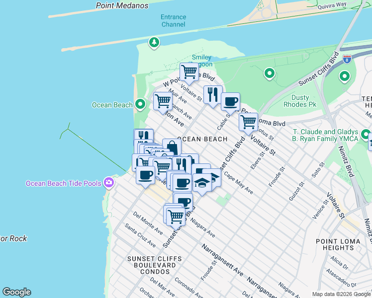 map of restaurants, bars, coffee shops, grocery stores, and more near 5004 Cape May Avenue in San Diego