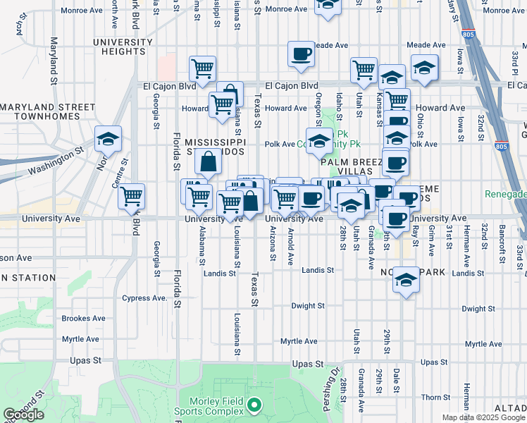 map of restaurants, bars, coffee shops, grocery stores, and more near 3952 Arizona Street in San Diego