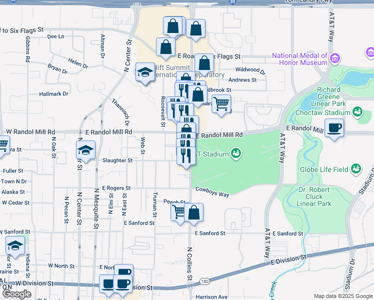 map of restaurants, bars, coffee shops, grocery stores, and more near 920 North Collins Street in Arlington